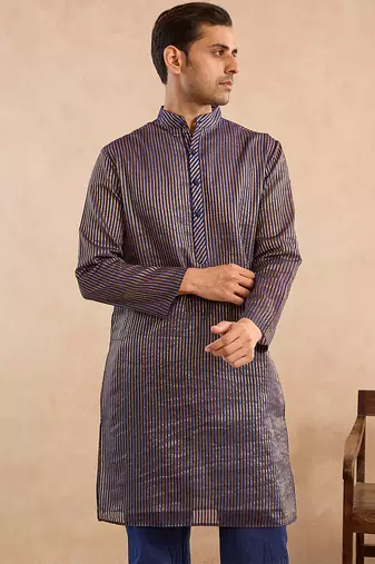 Blue woven chanderi kurta set
