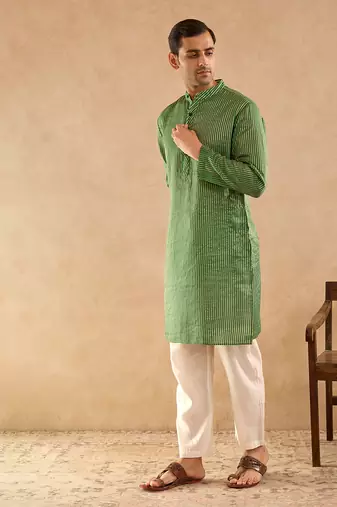 Green woven chanderi kurta set