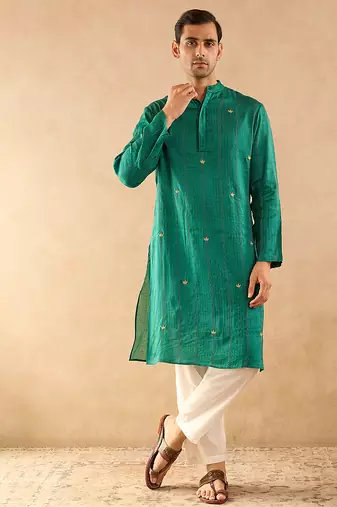 Green embroidered silk kurta set