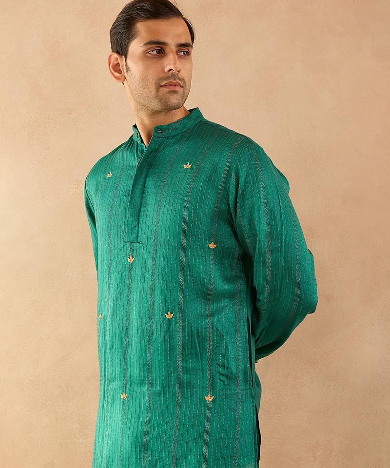 Green embroidered silk kurta set
