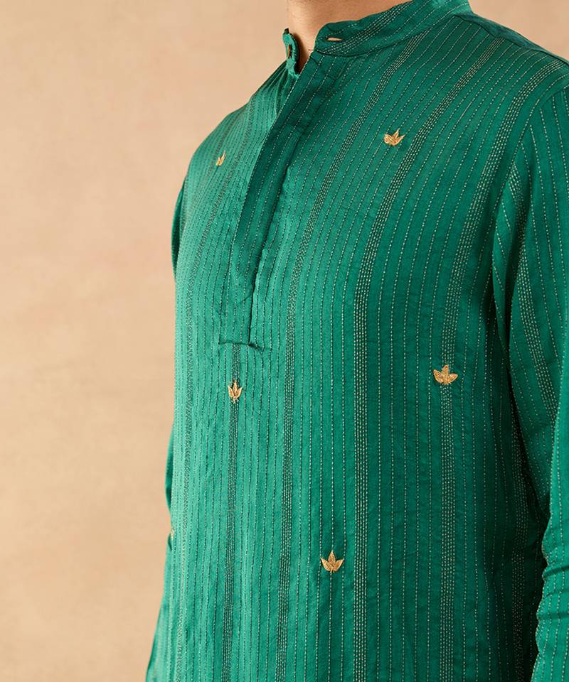 Green embroidered silk kurta set