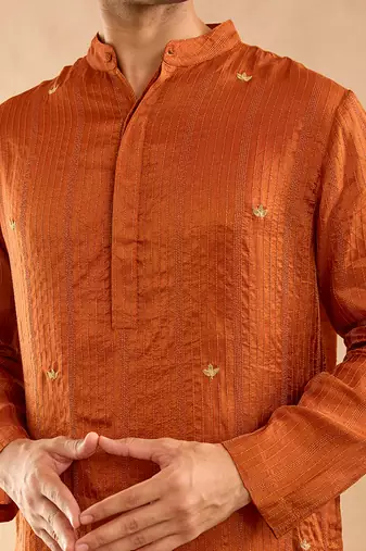 Rust embroidered silk kurta set