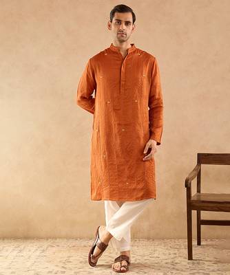 Rust embroidered silk kurta set 1