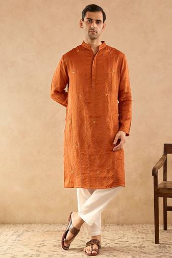 Rust embroidered silk kurta set