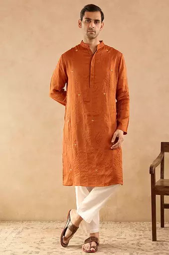 Rust embroidered silk kurta set