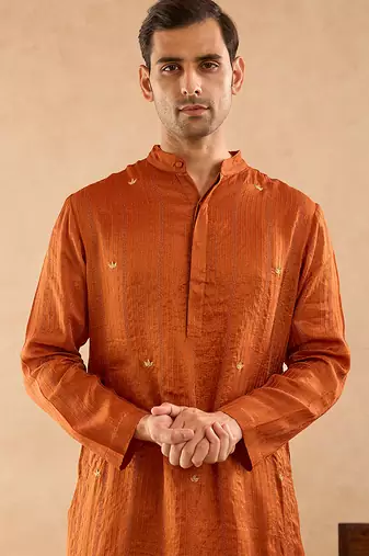 Rust embroidered silk kurta set