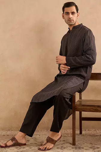 Black embroidered silk kurta set