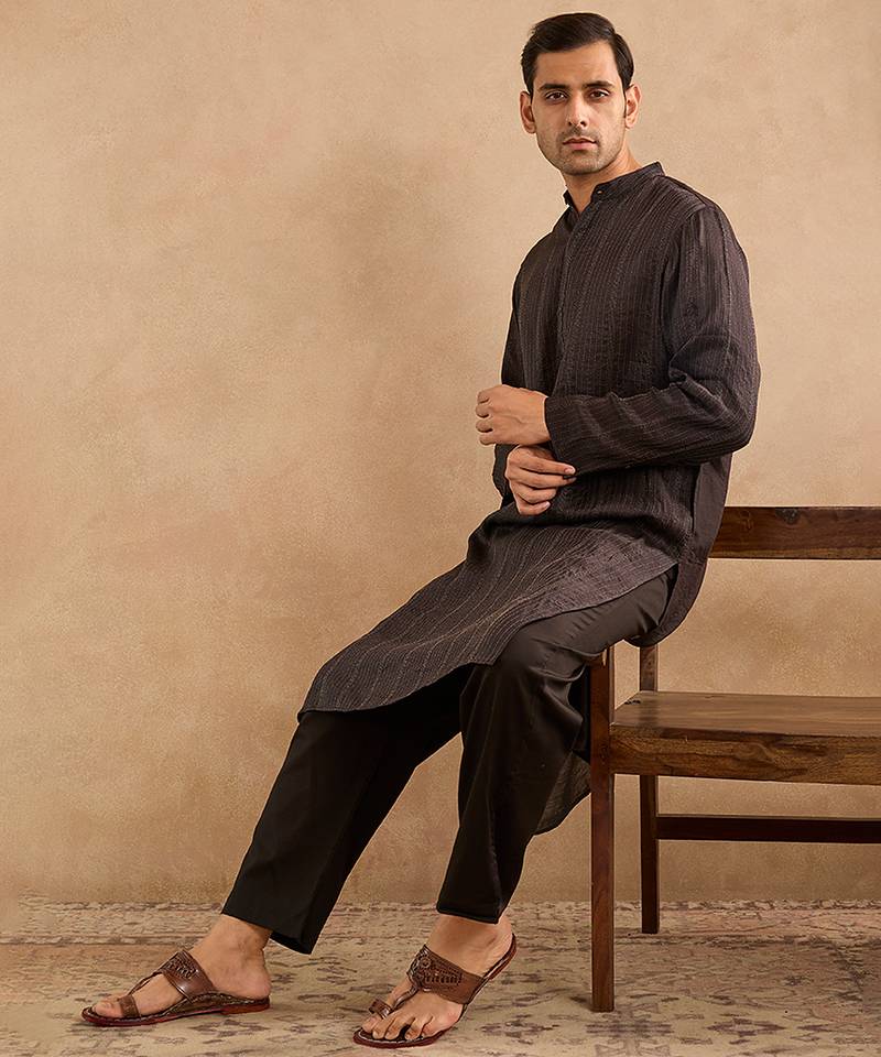 Black embroidered silk kurta set