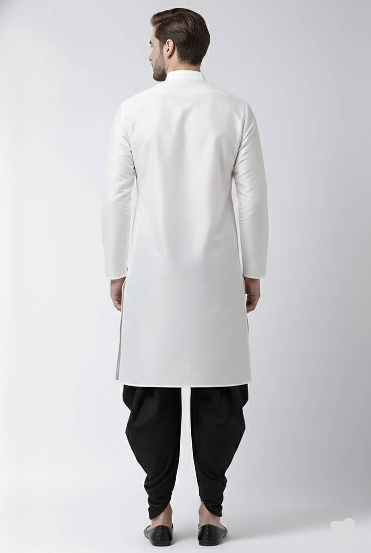 White embroidered dupion silk kurta set