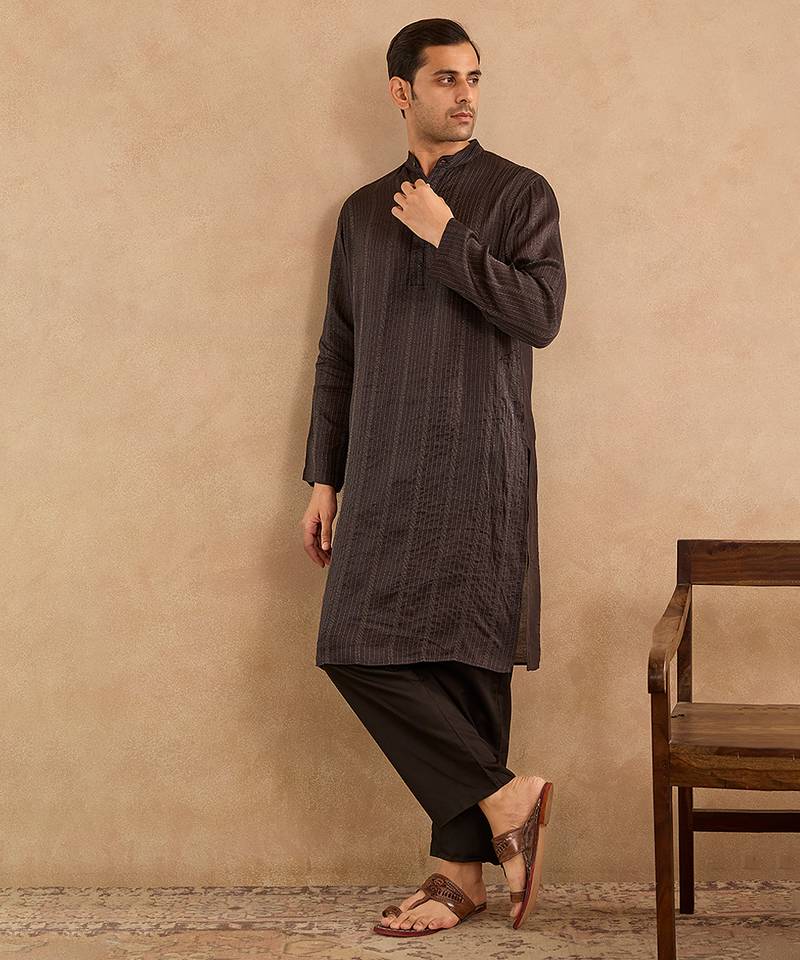 Black embroidered silk kurta set