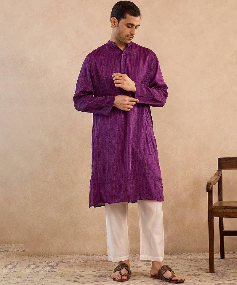 Purple embroidered silk kurta set