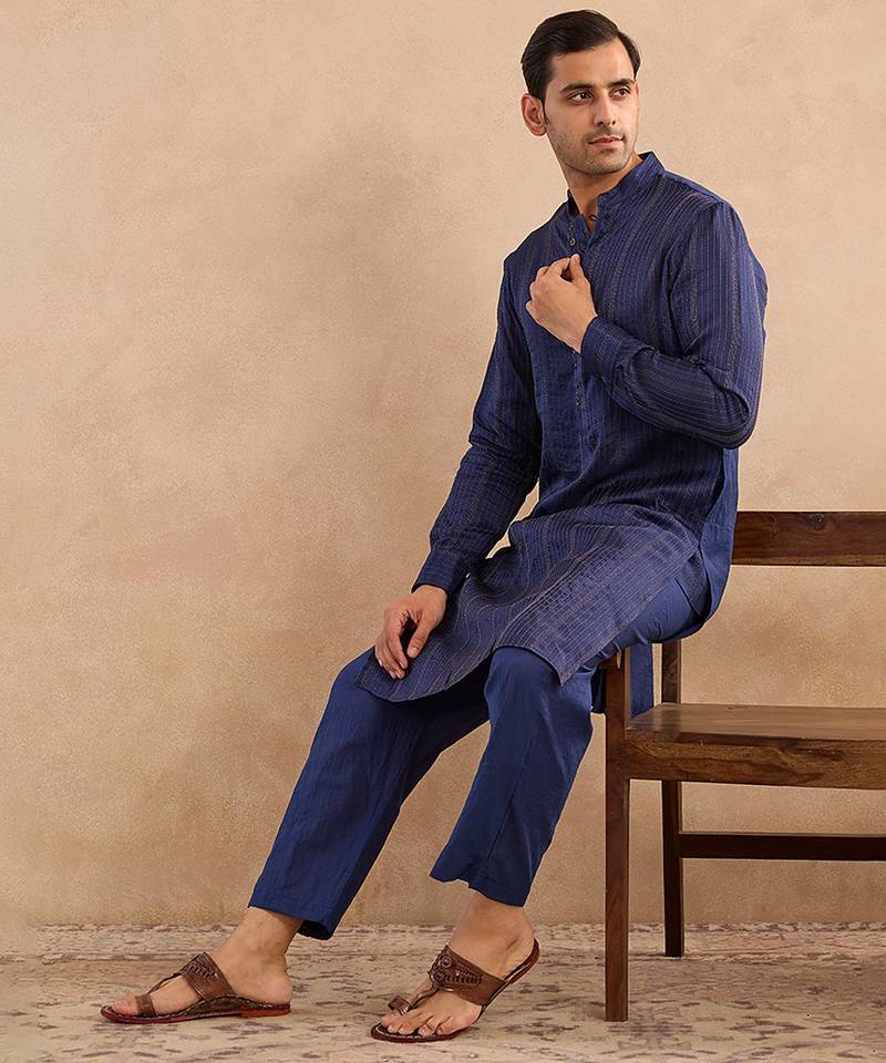 Blue embroidered silk kurta set