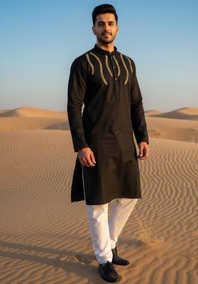 Black embroidered cotton kurta set 1