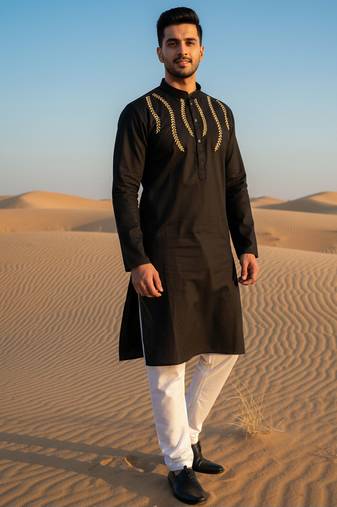 Black embroidered cotton kurta set
