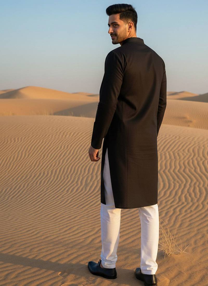 Black embroidered cotton kurta set