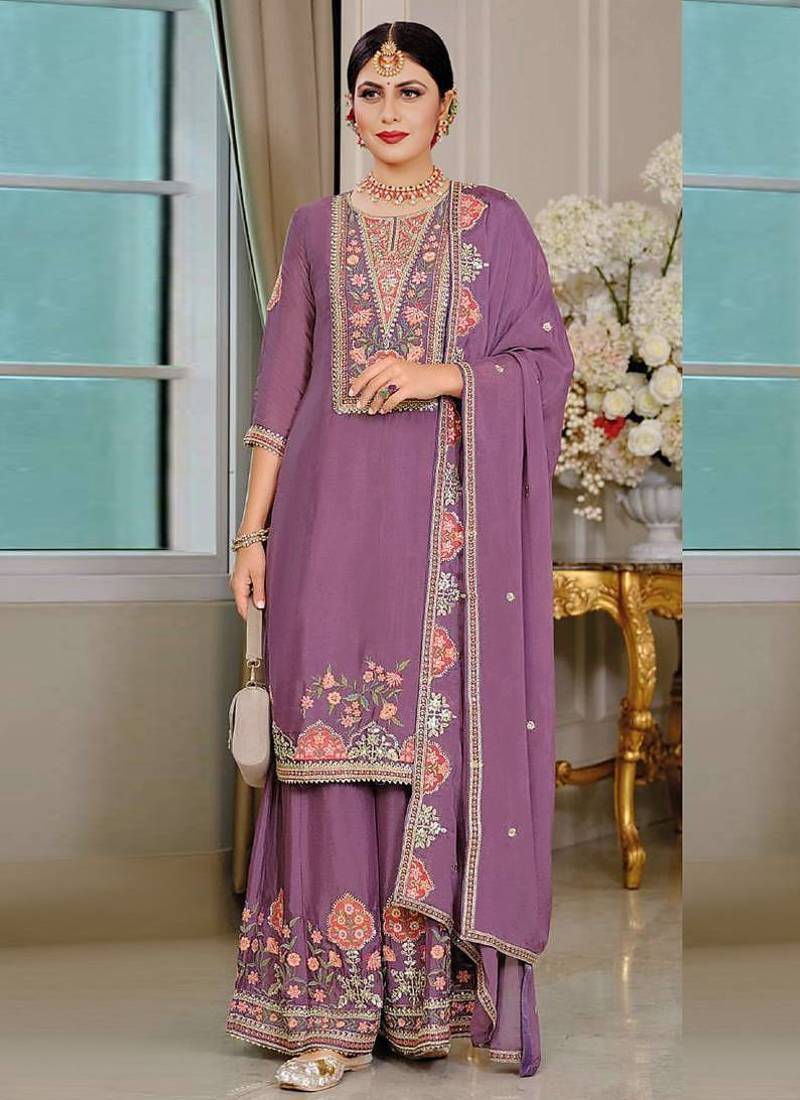 Onion Pink Chinon Silk Embroidered Designer Palzzo Suit