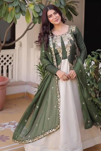 off white anarkali with green zari sequins heavy dupatta