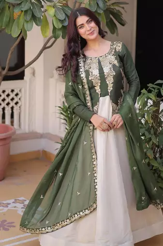 Green cosmos zari sequins embroidered with heavy dupatta