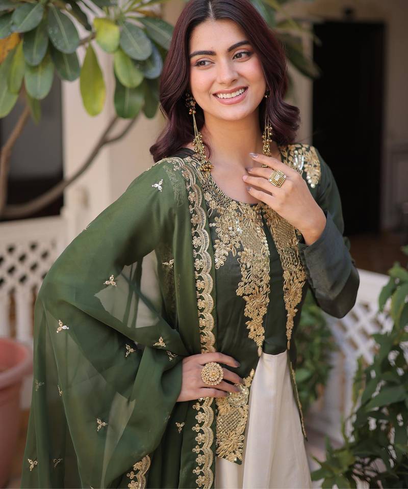 Green cosmos zari sequins embroidered with heavy dupatta
