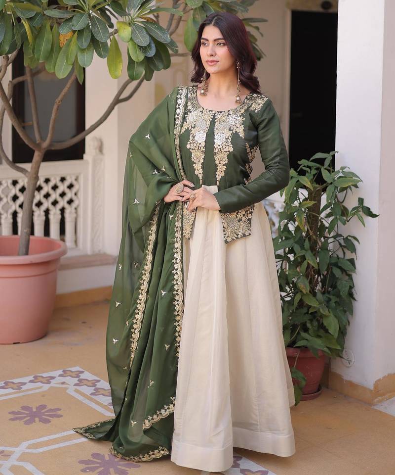 Green cosmos zari sequins embroidered with heavy dupatta