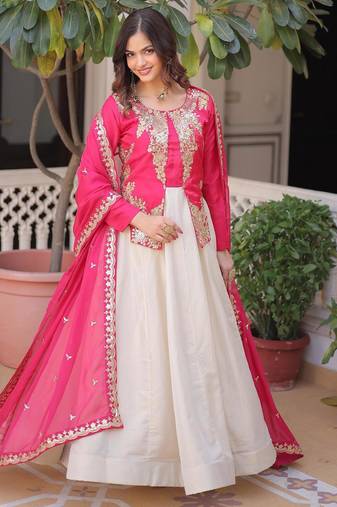 off white anarkali with pink zari sequins heavy dupatta