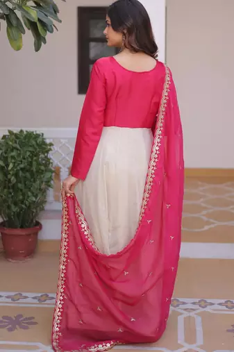off white anarkali with pink zari sequins heavy dupatta