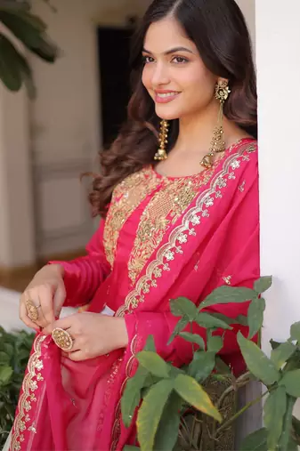 off white anarkali with pink zari sequins heavy dupatta