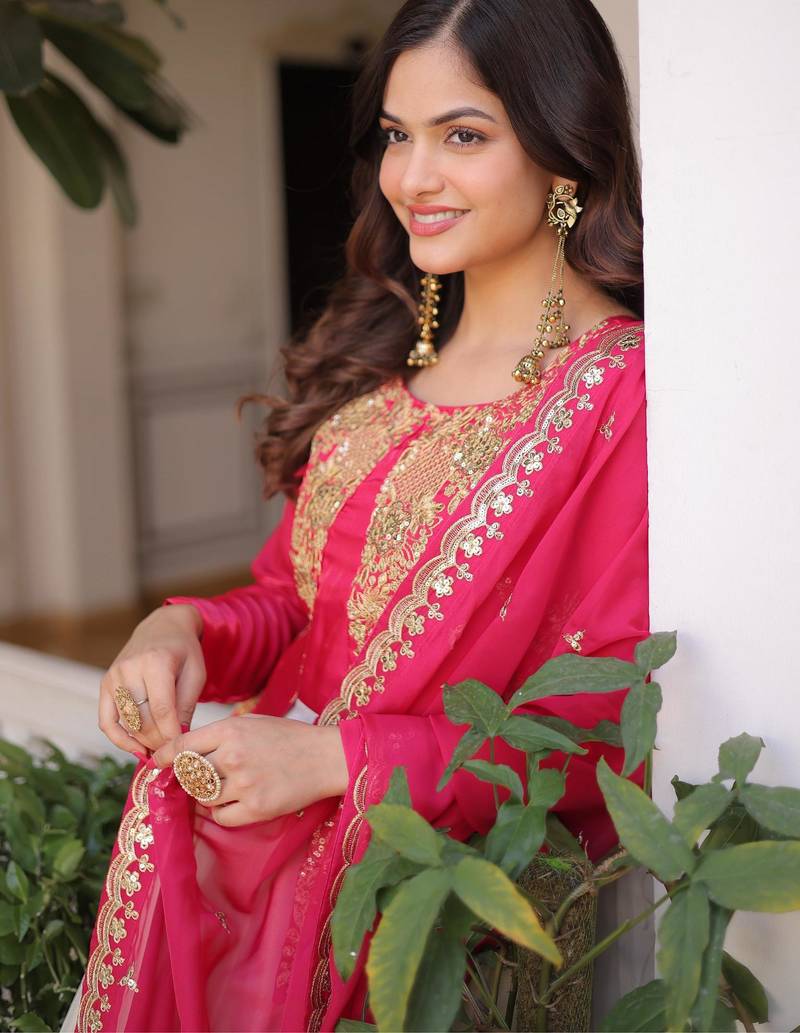 Pink cosmos zari sequins embroidered with heavy dupatta