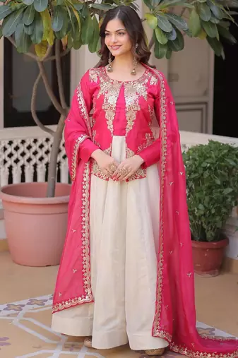 off white anarkali with pink zari sequins heavy dupatta