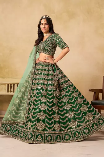 Green Embroidered Sequins Work Art Silk Lehenga Choli With Dupatta