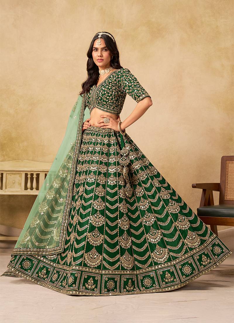 Green Embroidered Sequins Work Art Silk Lehenga Choli With Dupatta