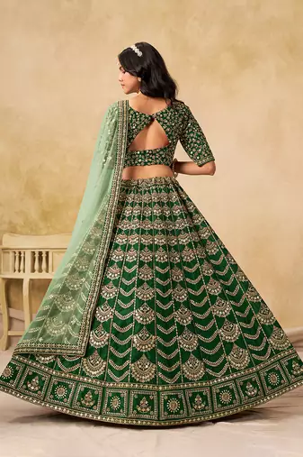 Green Embroidered Sequins Work Art Silk Lehenga Choli With Dupatta