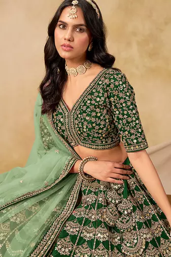 Green Embroidered Sequins Work Art Silk Lehenga Choli With Dupatta