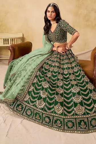 Green Embroidered Sequins Work Art Silk Lehenga Choli With Dupatta