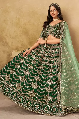 Green Embroidered Sequins Work Art Silk Lehenga Choli With Dupatta