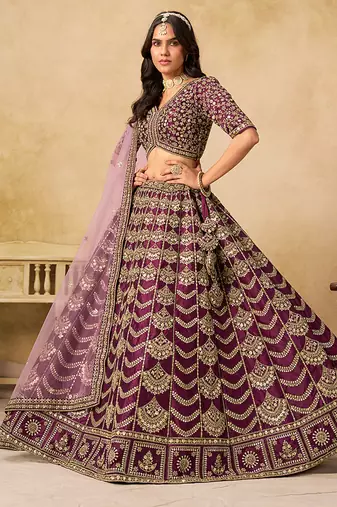 Wine Embroidered Sequins Work Art Silk Lehenga Choli For Women