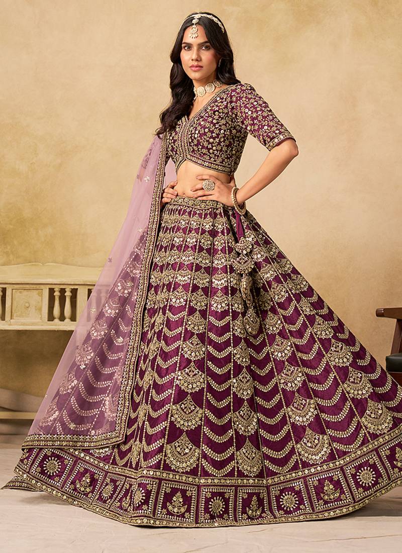 Wine Embroidered Sequins Work Art Silk Lehenga Choli For Women