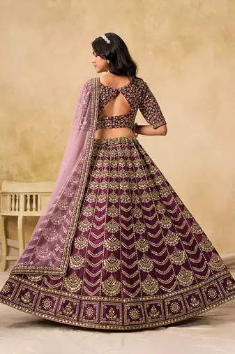 Wine Embroidered Sequins Work Art Silk Lehenga Choli For Women