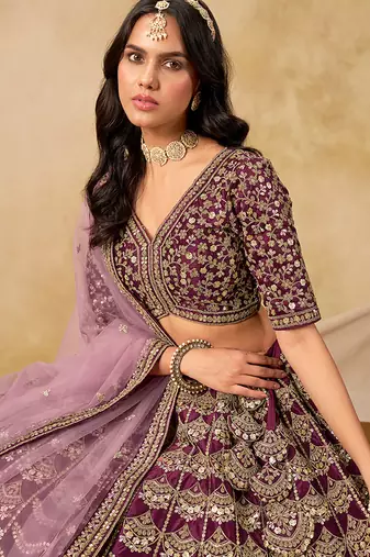 Wine Embroidered Sequins Work Art Silk Lehenga Choli For Women