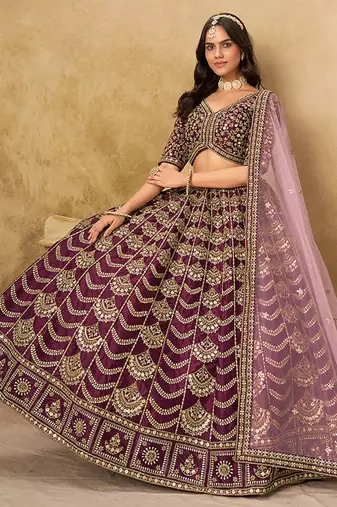 Wine Embroidered Sequins Work Art Silk Lehenga Choli For Women