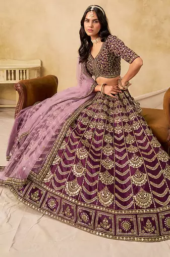 Wine Embroidered Sequins Work Art Silk Lehenga Choli For Women
