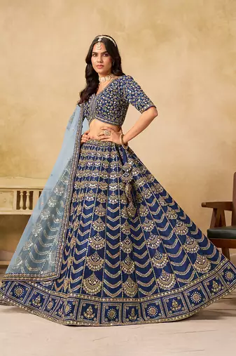 Navy Blue Embroidered Sequins Work Art Silk Lehenga Choli Party Wear Style