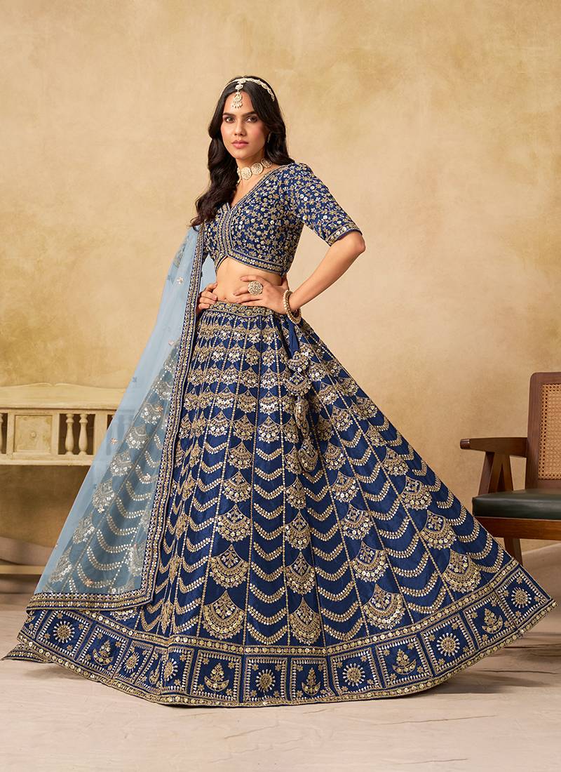 Navy Blue Embroidered Sequins Work Art Silk Lehenga Choli Party Wear Style