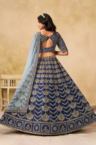 Navy Blue Embroidered Sequins Work Art Silk Lehenga Choli Party Wear Style