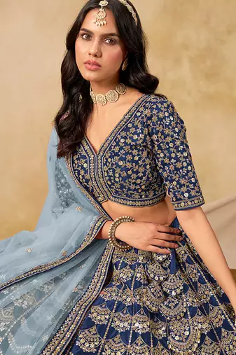 Navy Blue Embroidered Sequins Work Art Silk Lehenga Choli Party Wear Style
