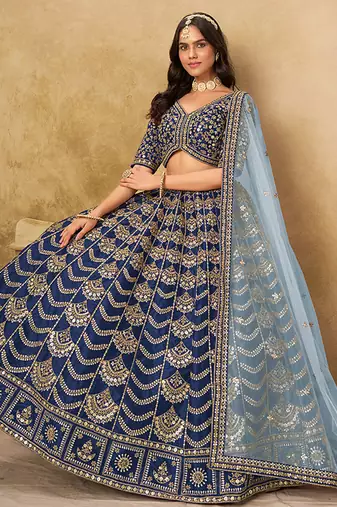 Navy Blue Embroidered Sequins Work Art Silk Lehenga Choli Party Wear Style
