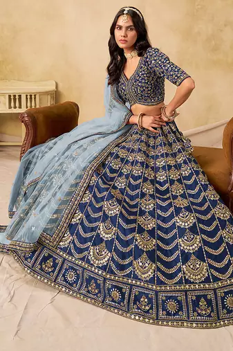 Navy Blue Embroidered Sequins Work Art Silk Lehenga Choli Party Wear Style