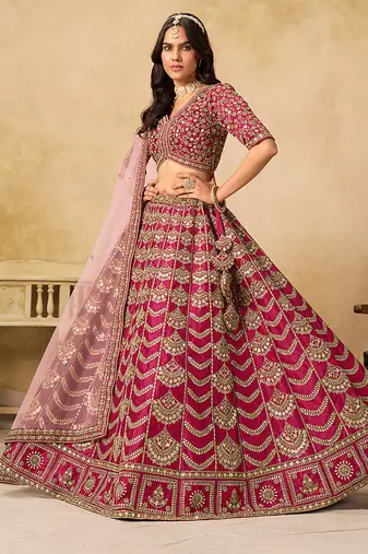 Rani-Pink Embroidered Sequins Work Art Silk Lehenga Choli