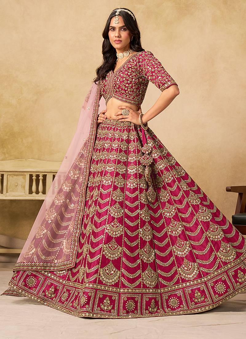 Rani-Pink Embroidered Sequins Work Art Silk Lehenga Choli