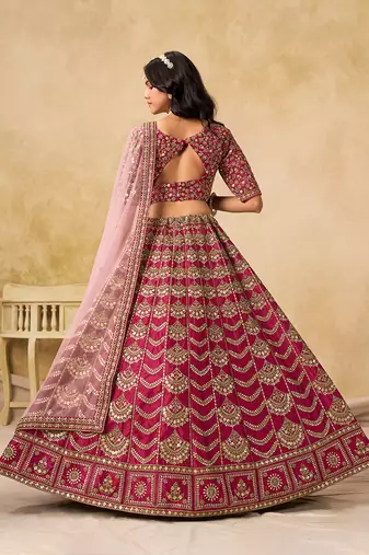 Rani-Pink Embroidered Sequins Work Art Silk Lehenga Choli